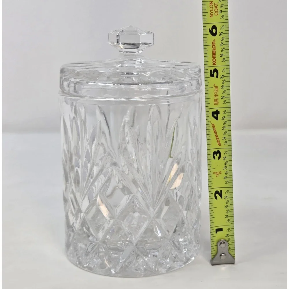 Cut Lead Crystal Biscuit Jar Lidded Diamond Fan Pattern Faceted Knob Candy Dish